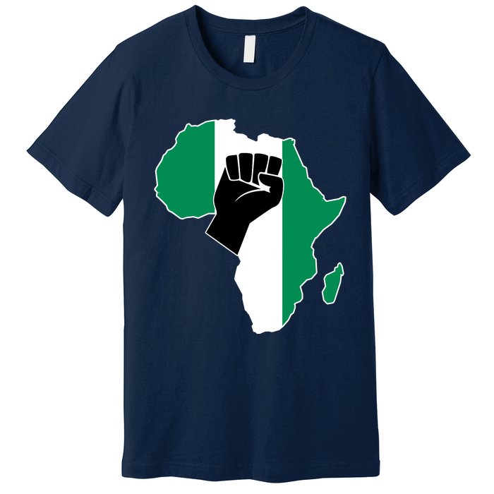 Love Nigeria With Nigerian Flag In Africa Map Raised Fist Premium T-Shirt