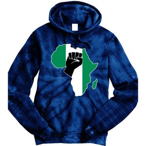 Love Nigeria With Nigerian Flag In Africa Map Raised Fist Tie Dye Hoodie