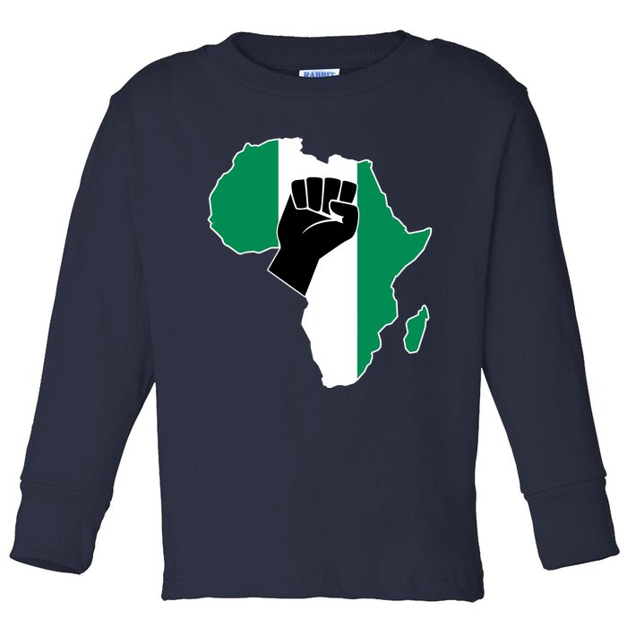 Love Nigeria With Nigerian Flag In Africa Map Raised Fist Toddler Long Sleeve Shirt