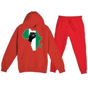 Love Nigeria With Nigerian Flag In Africa Map Raised Fist Premium Hooded Sweatsuit Set