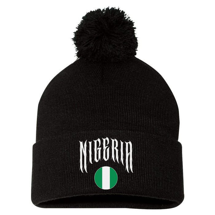 Love Nigeria With Nigerian Flag Inside A Circle Pom Pom 12in Knit Beanie