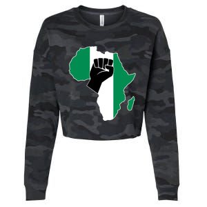 Love Nigeria With Nigerian Flag In Africa Map Raised Fist Cropped Pullover Crew