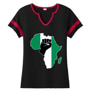 Love Nigeria With Nigerian Flag In Africa Map Raised Fist Ladies Halftime Notch Neck Tee