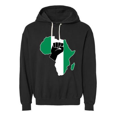 Love Nigeria With Nigerian Flag In Africa Map Raised Fist Garment-Dyed Fleece Hoodie