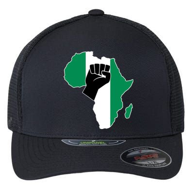 Love Nigeria With Nigerian Flag In Africa Map Raised Fist Flexfit Unipanel Trucker Cap