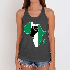 Love Nigeria With Nigerian Flag In Africa Map Raised Fist Women's Knotted Racerback Tank