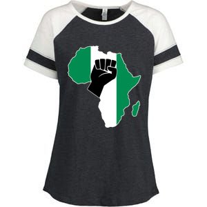 Love Nigeria With Nigerian Flag In Africa Map Raised Fist Enza Ladies Jersey Colorblock Tee