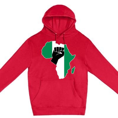 Love Nigeria With Nigerian Flag In Africa Map Raised Fist Premium Pullover Hoodie