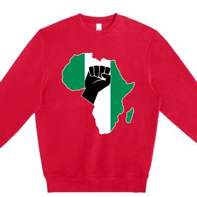 Love Nigeria With Nigerian Flag In Africa Map Raised Fist Premium Crewneck Sweatshirt