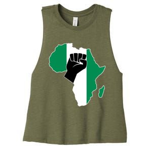 Love Nigeria With Nigerian Flag In Africa Map Raised Fist Women's Racerback Cropped Tank