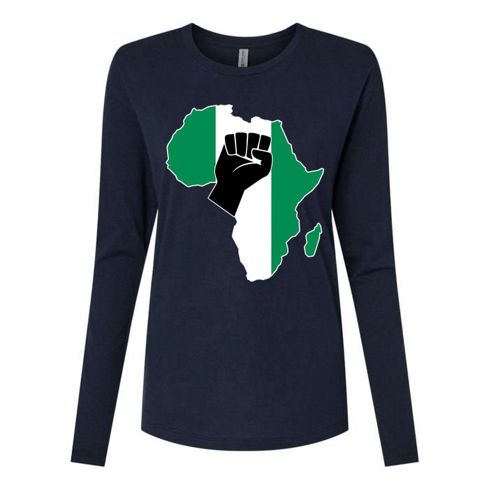 Love Nigeria With Nigerian Flag In Africa Map Raised Fist Womens Cotton Relaxed Long Sleeve T-Shirt