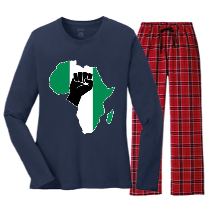 Love Nigeria With Nigerian Flag In Africa Map Raised Fist Women's Long Sleeve Flannel Pajama Set 