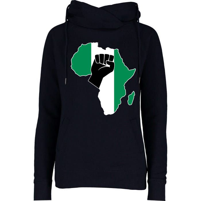 Love Nigeria With Nigerian Flag In Africa Map Raised Fist Womens Funnel Neck Pullover Hood