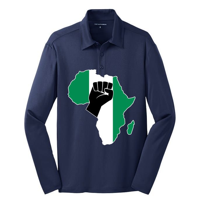 Love Nigeria With Nigerian Flag In Africa Map Raised Fist Silk Touch Performance Long Sleeve Polo