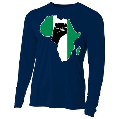 Love Nigeria With Nigerian Flag In Africa Map Raised Fist Cooling Performance Long Sleeve Crew