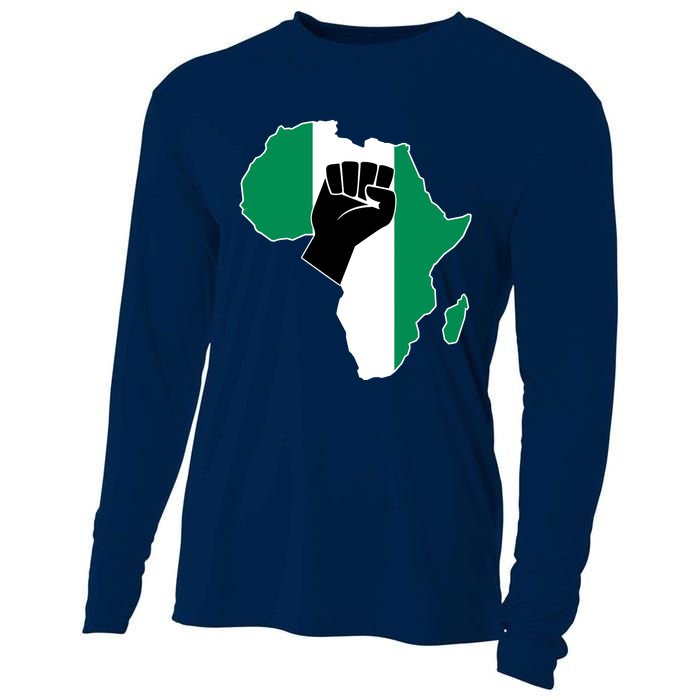 Love Nigeria With Nigerian Flag In Africa Map Raised Fist Cooling Performance Long Sleeve Crew