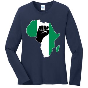 Love Nigeria With Nigerian Flag In Africa Map Raised Fist Ladies Long Sleeve Shirt