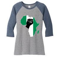 Love Nigeria With Nigerian Flag In Africa Map Raised Fist Women's Tri-Blend 3/4-Sleeve Raglan Shirt