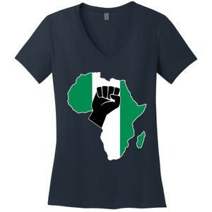 Love Nigeria With Nigerian Flag In Africa Map Raised Fist Women's V-Neck T-Shirt