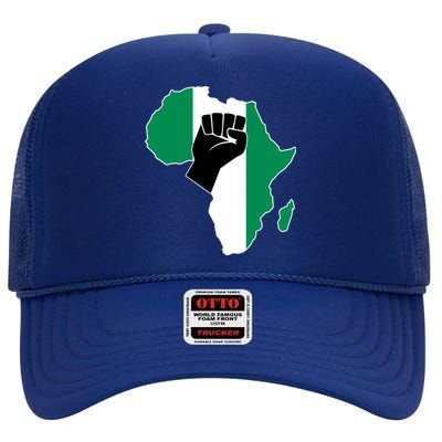 Love Nigeria With Nigerian Flag In Africa Map Raised Fist High Crown Mesh Back Trucker Hat