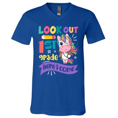 Look Out 1St Grade Here I Come Unicorn First Grade Gift V-Neck T-Shirt