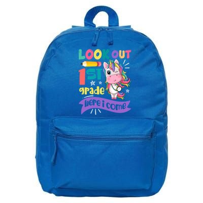 Look Out 1St Grade Here I Come Unicorn First Grade Gift 16 in Basic Backpack