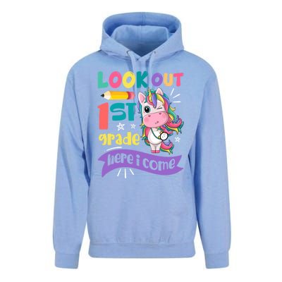 Look Out 1St Grade Here I Come Unicorn First Grade Gift Unisex Surf Hoodie