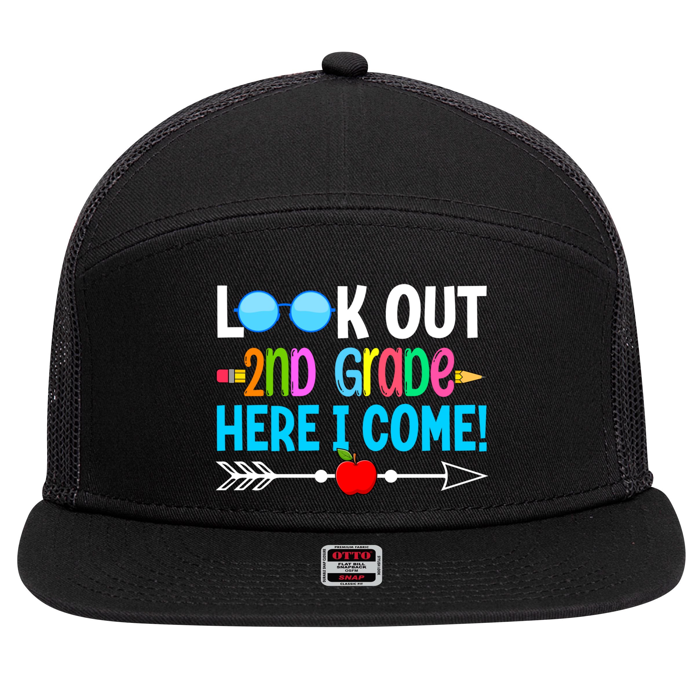 Look Out 2nd Grade Here I Come Back To School First Day Gift 7 Panel Mesh Trucker Snapback Hat