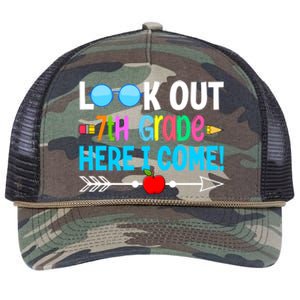 Look Out 7th Grade Here I Come Back To School First Day Gift Retro Rope Trucker Hat Cap