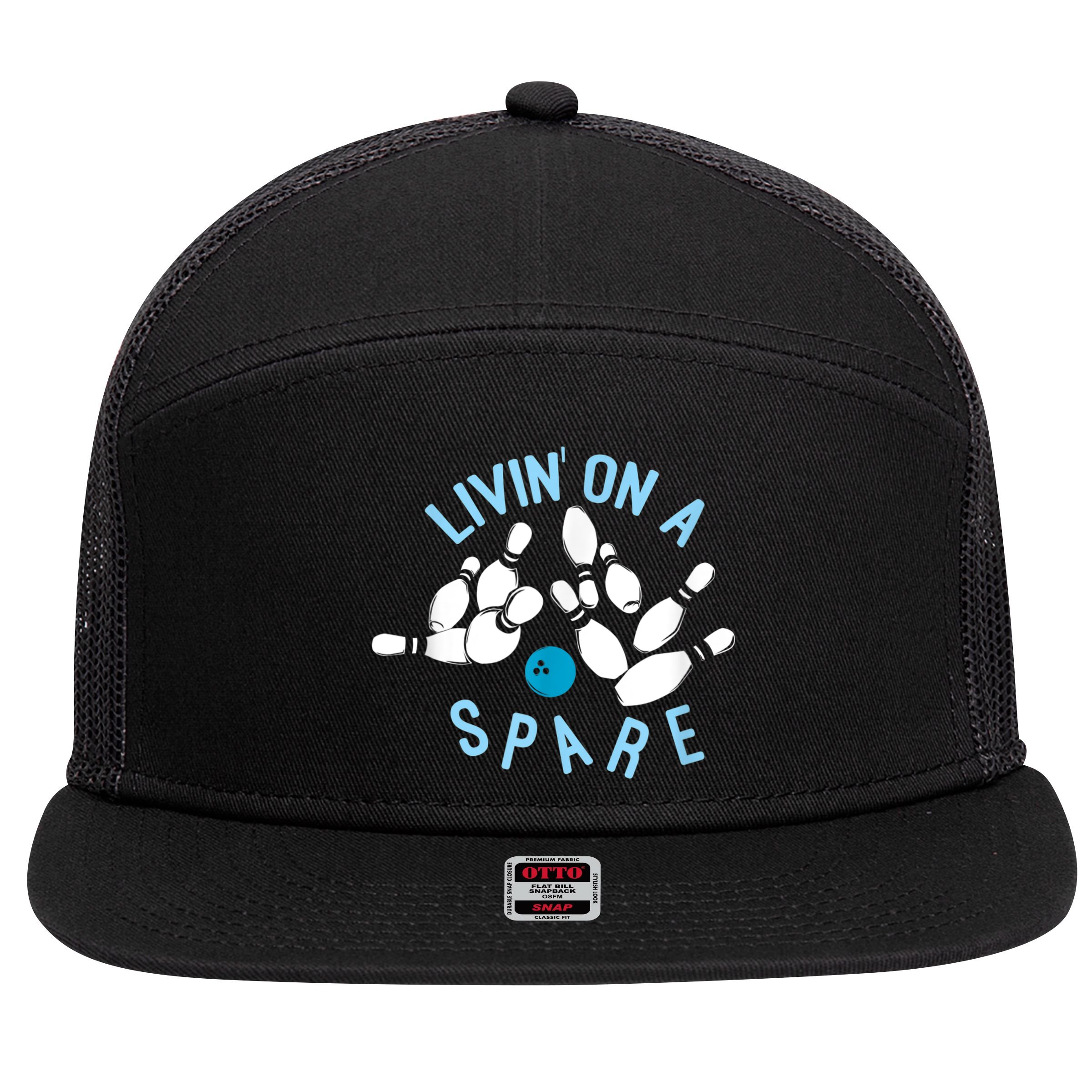 Livin On A Spare Funny Bowler & Bowling 7 Panel Mesh Trucker Snapback Hat