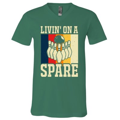 Living On A Spare Funny Bowling Team Bowler Bowling Lover V-Neck T-Shirt