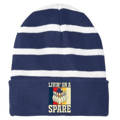 Living On A Spare Funny Bowling Team Bowler Bowling Lover Striped Beanie with Solid Band