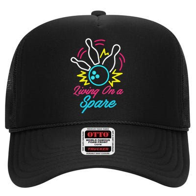 Living On A Spare Funny Bowling Pins Sports Hobby High Crown Mesh Back Trucker Hat