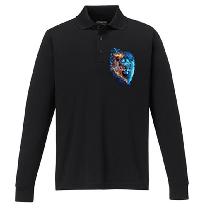 Lion On Fire Cool Graphic Performance Long Sleeve Polo