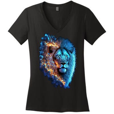 Lion On Fire Cool Graphic Women's V-Neck T-Shirt