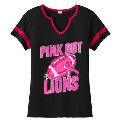 Lions Out Football Tackle Breast Cancer Ladies Halftime Notch Neck Tee