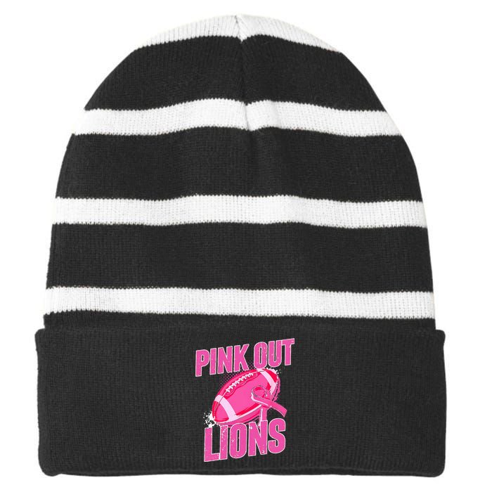 Lions Out Football Tackle Breast Cancer Striped Beanie with Solid Band