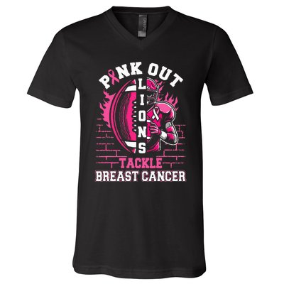 Lions Out Football Tackle Breast Cancer V-Neck T-Shirt