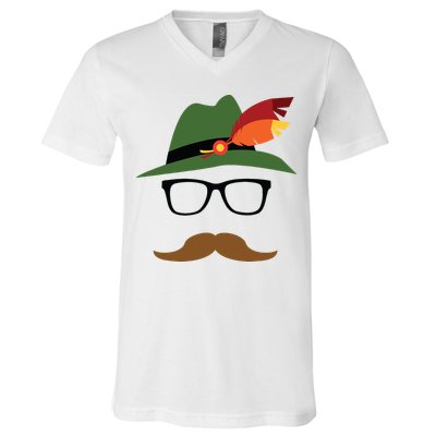 Lederhosen Oktoberfest German Face Glasses Halloween Costume V-Neck T-Shirt