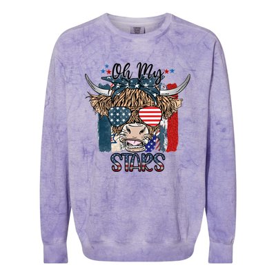 Leopard Ohmeaningful Giftmy Stars Cow American Highland Cow With 4th July Gift Colorblast Crewneck Sweatshirt