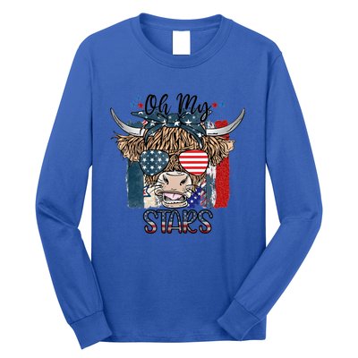 Leopard Ohmeaningful Giftmy Stars Cow American Highland Cow With 4th July Gift Long Sleeve Shirt