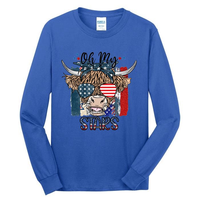 Leopard Ohmeaningful Giftmy Stars Cow American Highland Cow With 4th July Gift Tall Long Sleeve T-Shirt