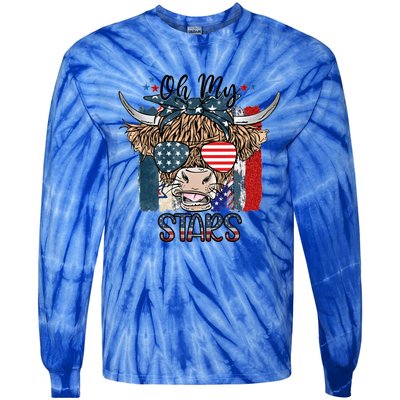 Leopard Ohmeaningful Giftmy Stars Cow American Highland Cow With 4th July Gift Tie-Dye Long Sleeve Shirt