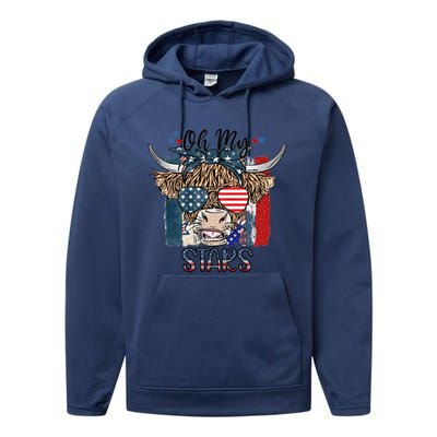 Leopard Ohmeaningful Giftmy Stars Cow American Highland Cow With 4th July Gift Performance Fleece Hoodie