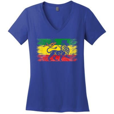 Lion Of Judah Rasta Ethiopian Reggae Old Ethiopia Flag Fan Gift Women's V-Neck T-Shirt