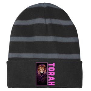 Lion Of Judah Messianic Hebrew Roots Torah Observant Striped Beanie with Solid Band