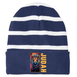 Lion Of Judah Messianic Hebrew Roots Torah Observant Yeshua Striped Beanie with Solid Band