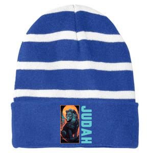 Lion Of Judah Messianic Hebrew Roots Torah Observant Yeshua Striped Beanie with Solid Band