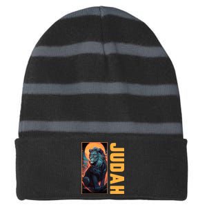 Lion Of Judah Messianic Hebrew Roots Torah Observant Yeshua Striped Beanie with Solid Band