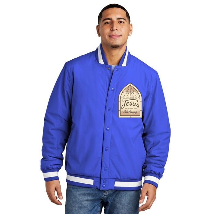 Lover Of Jesus And Auto Racing Fan Gift Insulated Varsity Jacket